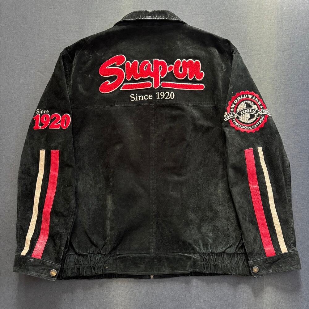 Vintage Distressed Snap-On Black Suede Leather Jacket Embroidered Logo Sz XL